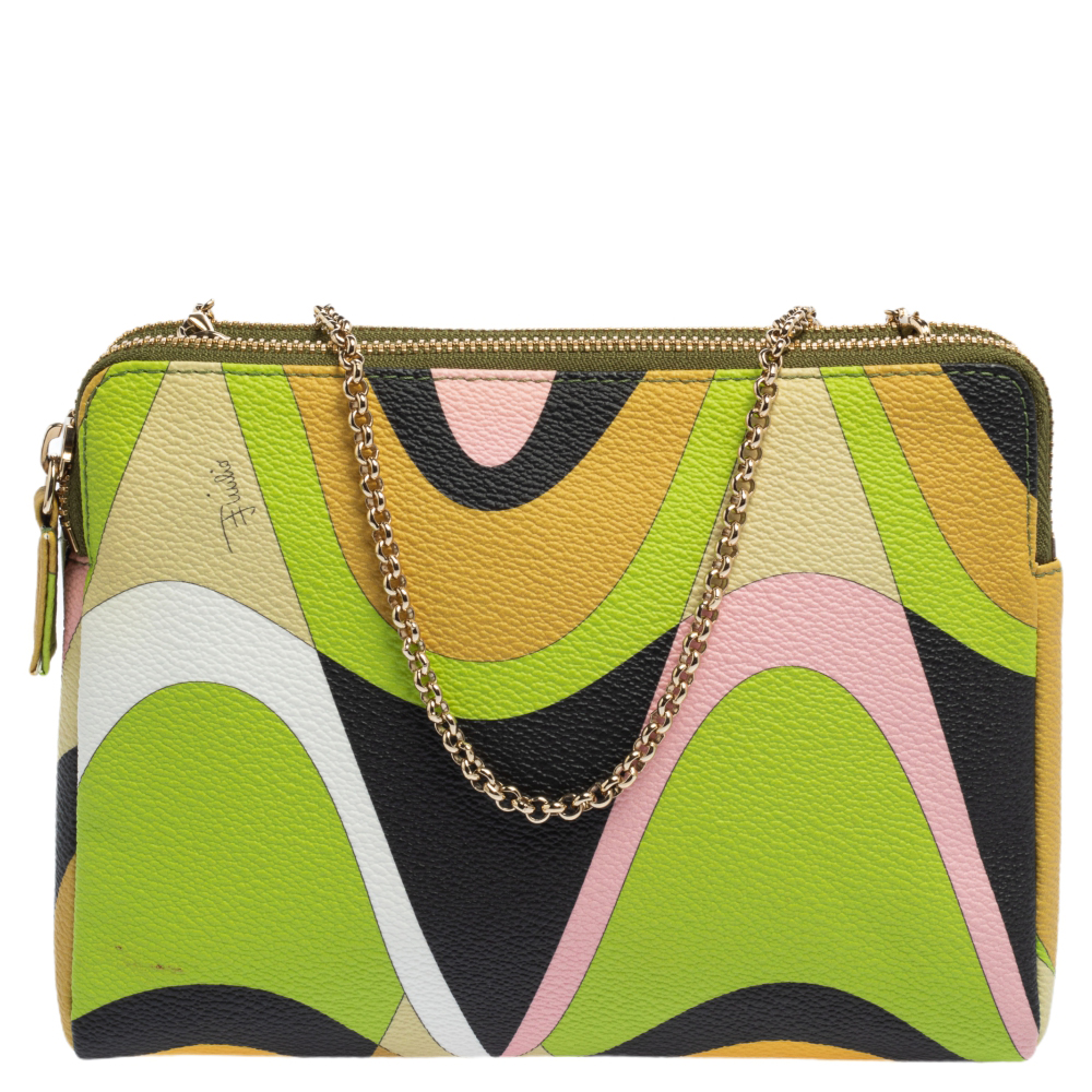 Emilio Pucci Multicolor Printed Coated Canvas and Leather Double Zip Crossbody Bag
