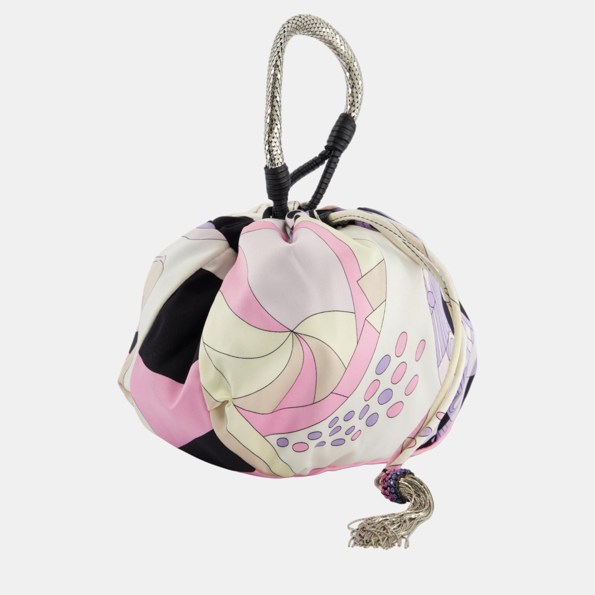 Emilio Pucci Pink Satin Pouch Tassel Bag With Chain Mail Leather Handle Detail