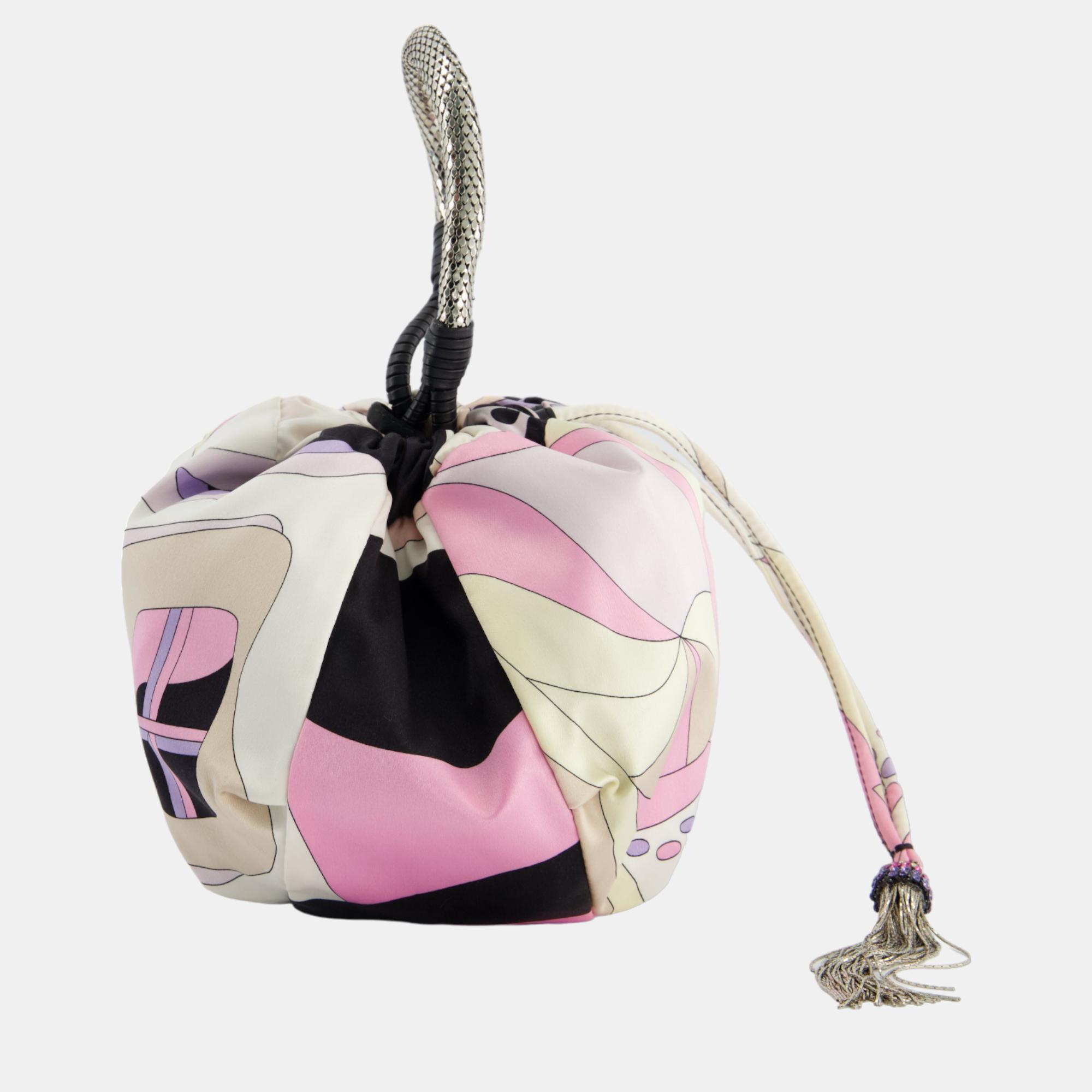 Emilio Pucci Pink Satin Pouch Tassel Bag With Chain Mail Leather Handle Detail