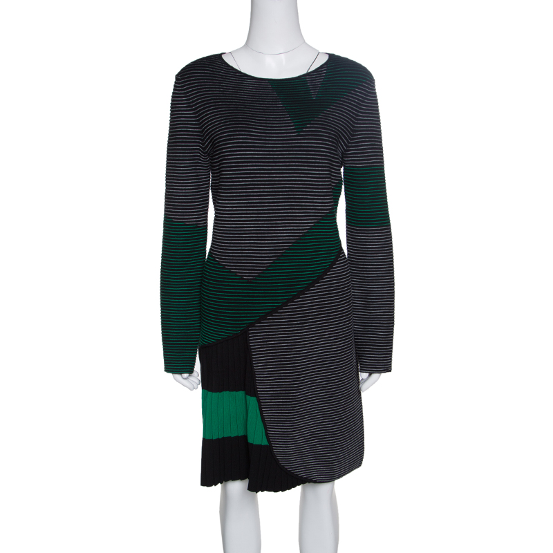 Image of Emporio Armani Black Striped Knit Pleat Detail Long Sleeve Dress M