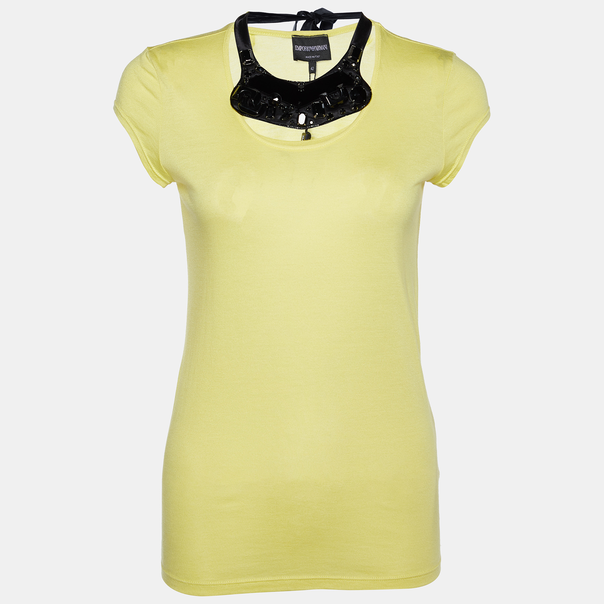 Emporio Armani Yellow Cotton & Modal Embellished Neck Detail T-Shirt M