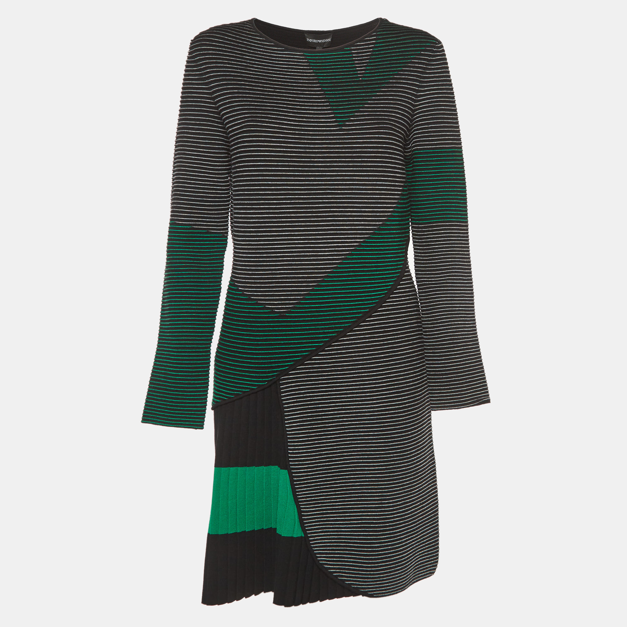 Emporio armani black striped knit pleat detail short dress m