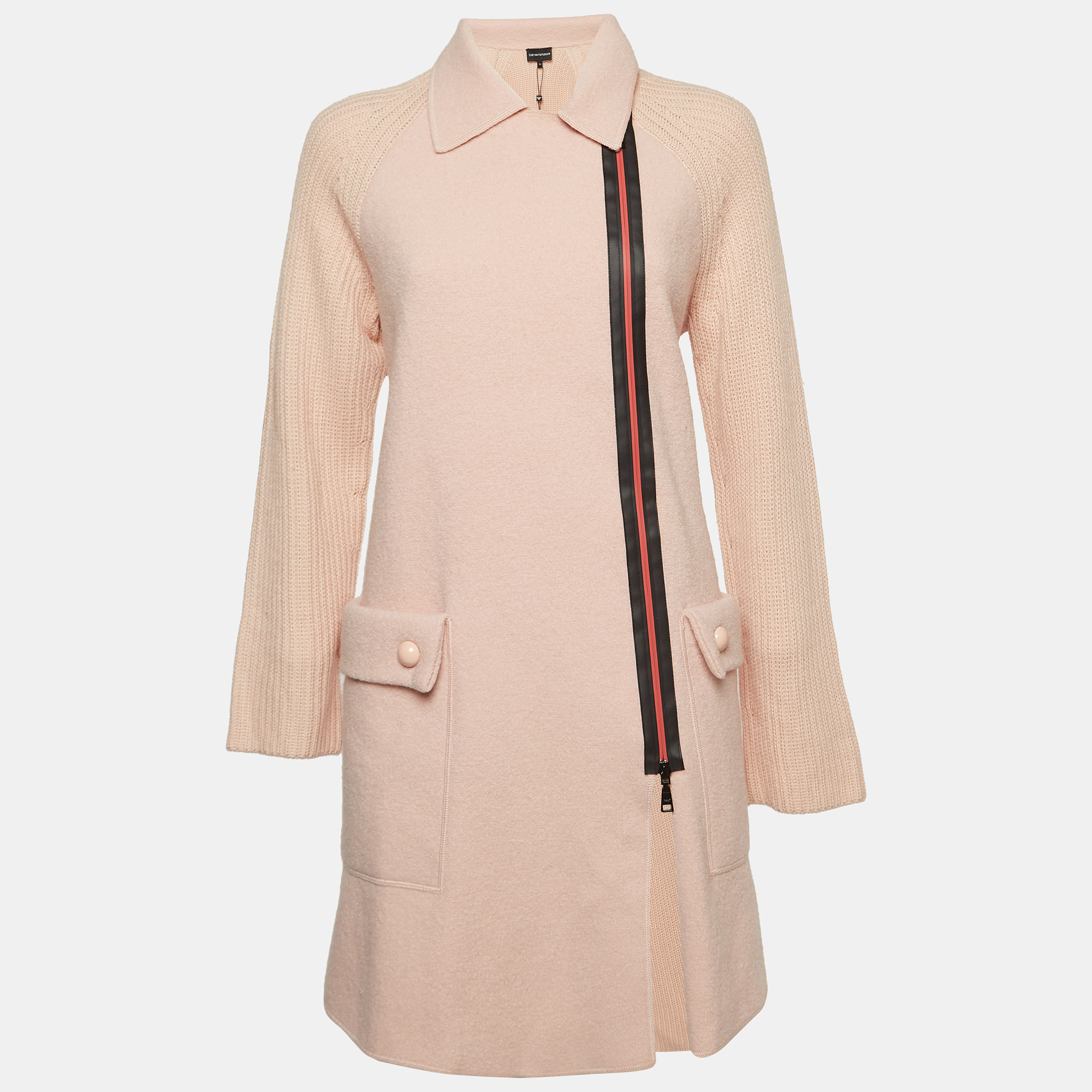 Emporio armani pink contrast zipper wool mid-length coat xs