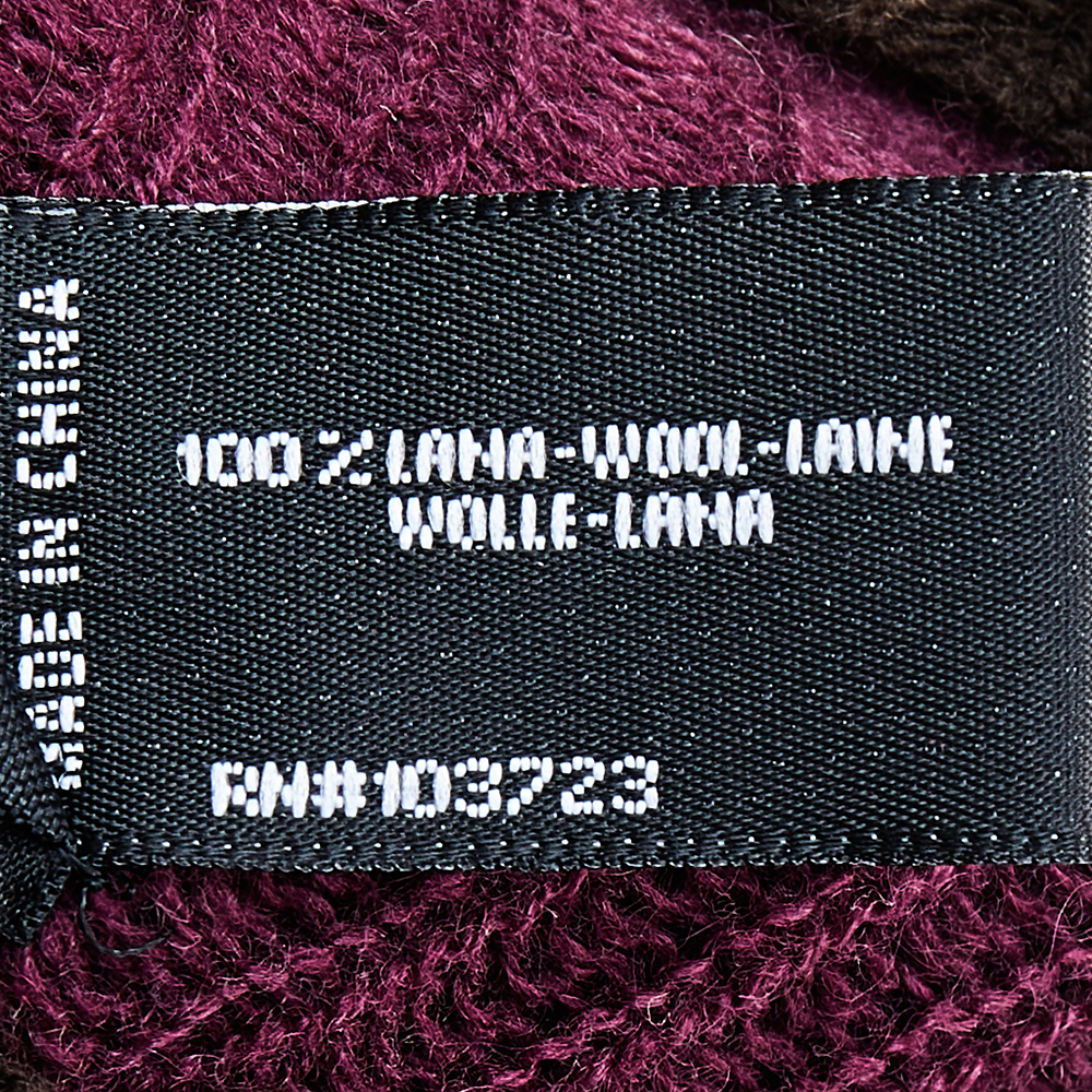 Emporio Armani Brown & Magenta Ruffled Pom Pom Detail Wool Stole