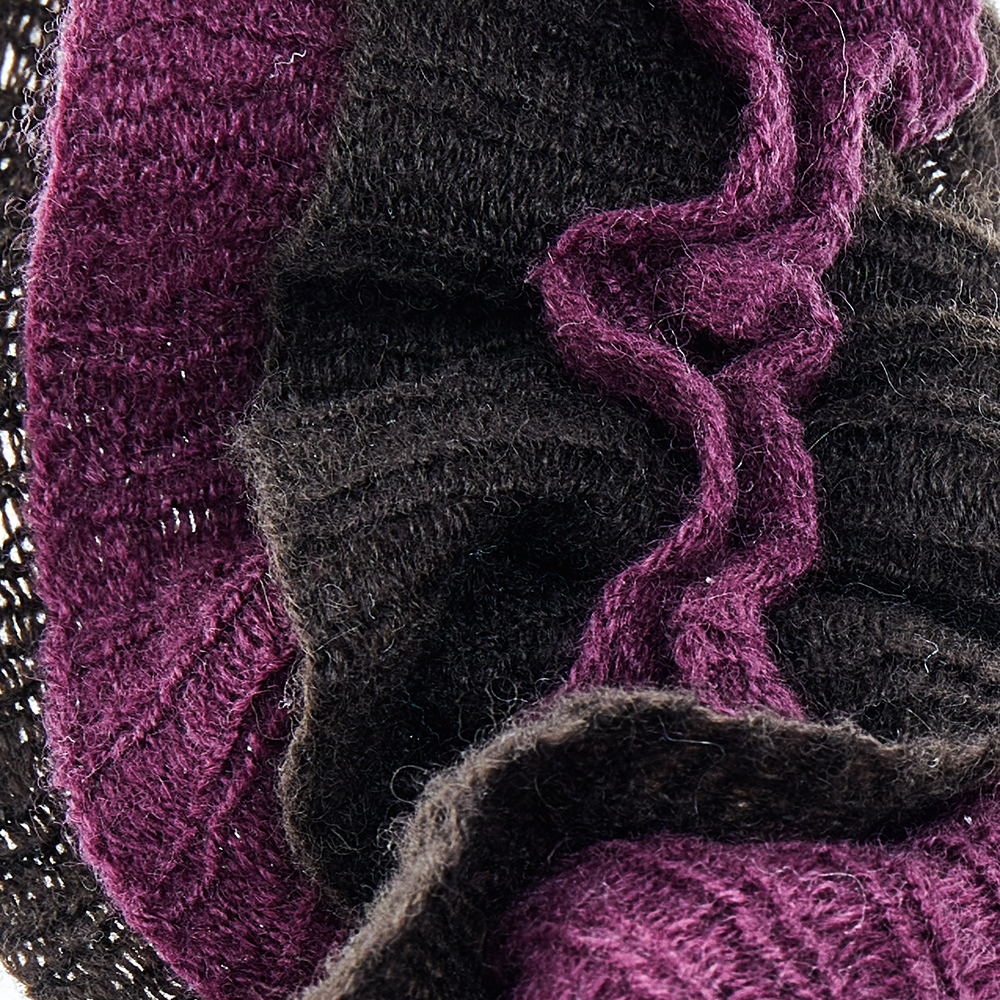 Emporio Armani Brown & Magenta Ruffled Pom Pom Detail Wool Stole