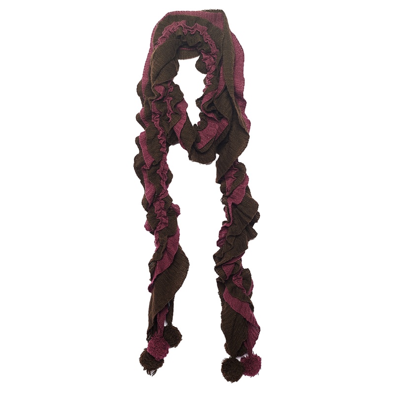 Emporio Armani Brown & Magenta Ruffled Pom Pom Detail Wool Stole