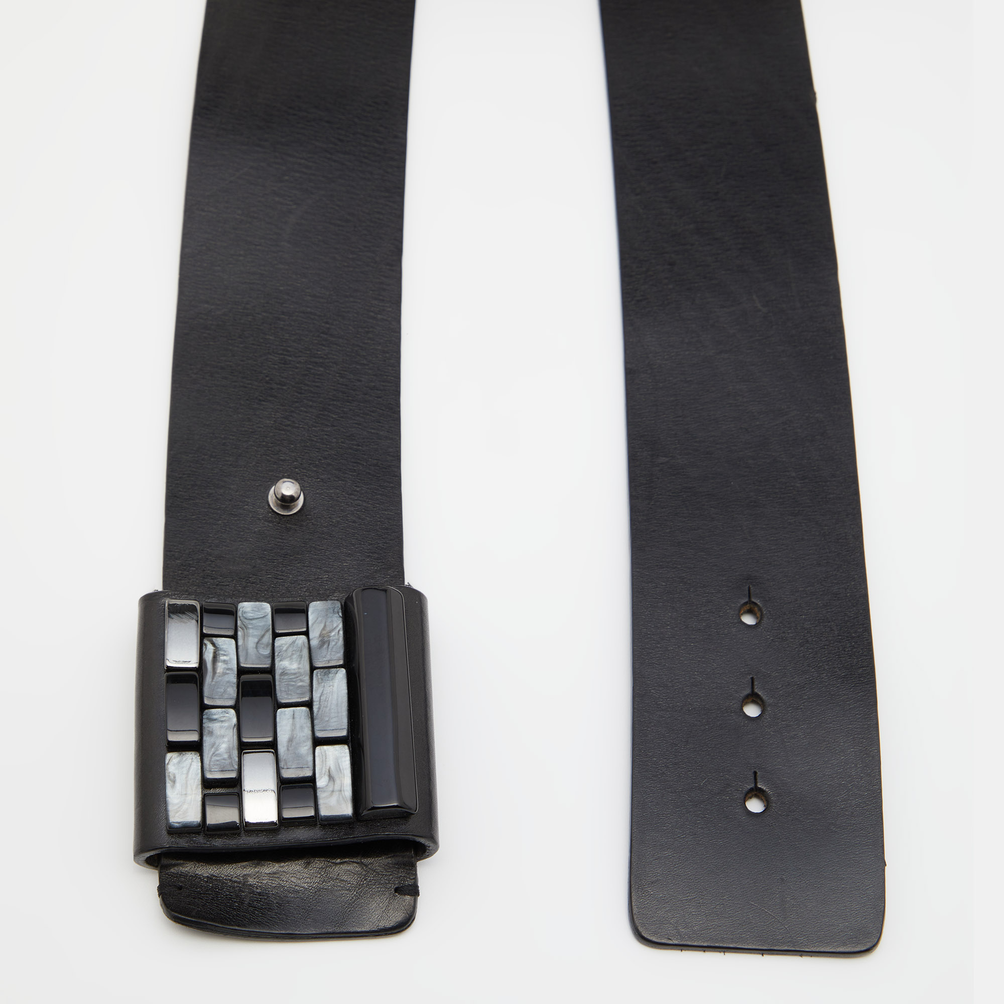 Emporio Armani Black Leather Brick Buckle Wide Belt