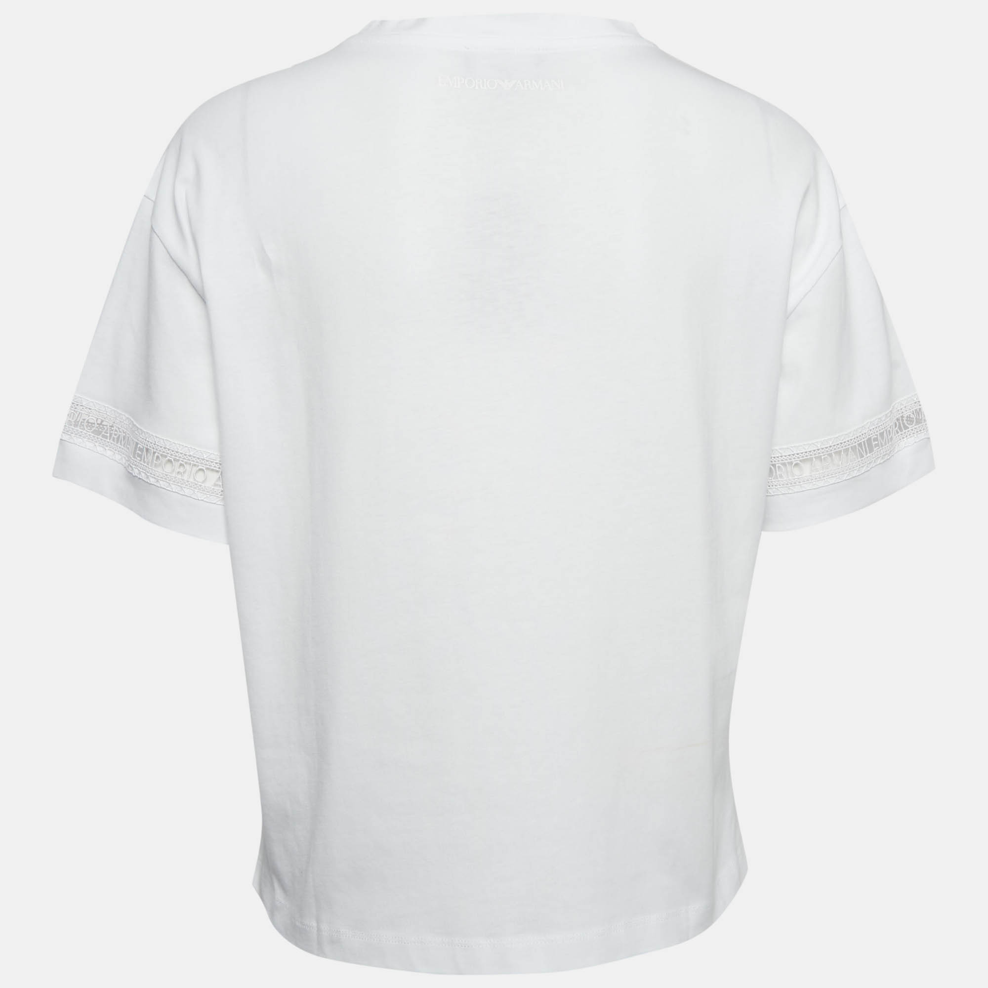 Emporio Armani White Cotton Logo Lace Trimmed T-Shirt M