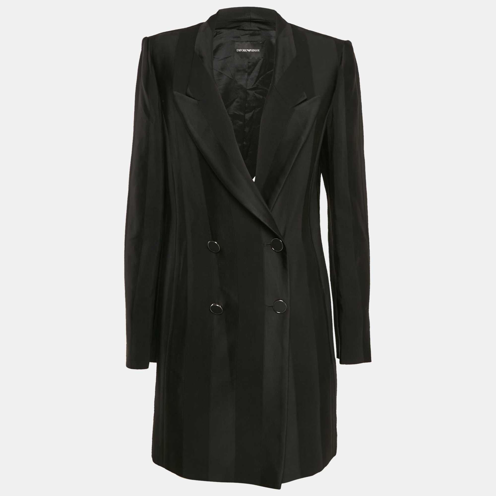 Emporio Armani Black Stripe Wool Blend Double Breasted Mid-Length Coat XL