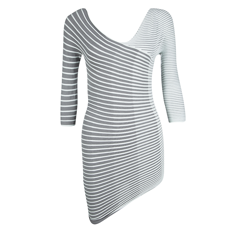 Emporio armani grey striped pleated asymmetric stretch top s