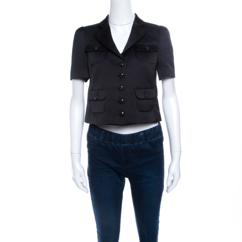 Image of Emporio Armani Black Satin Short Sleeve Cropped Jacket S