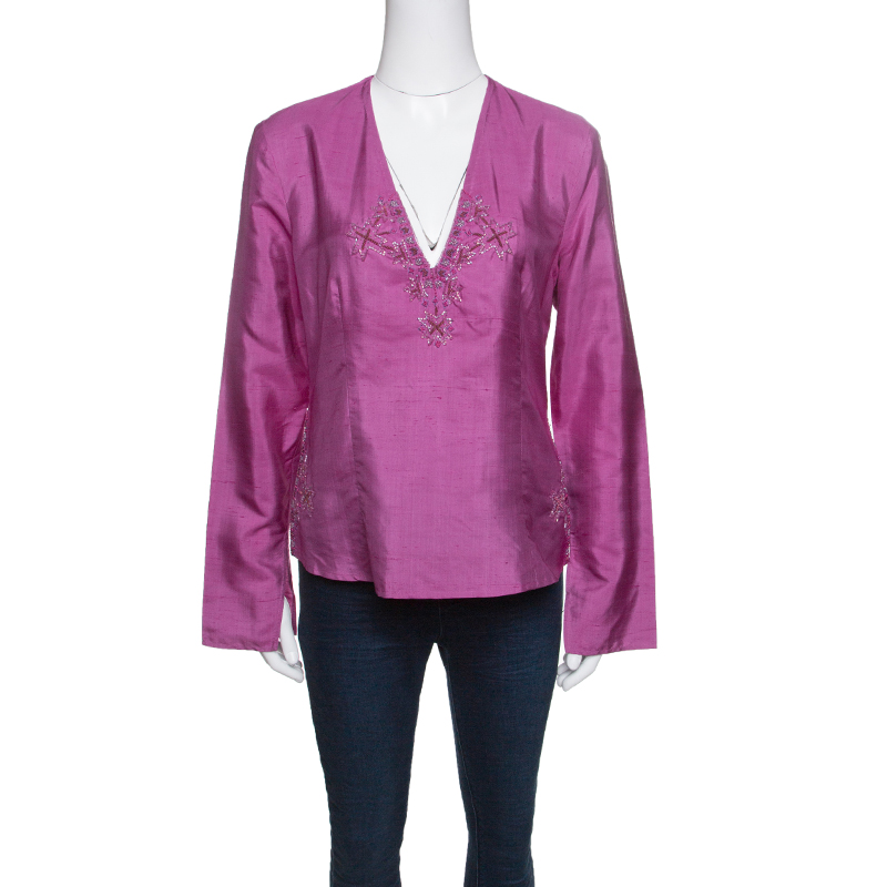 Image of Emporio Armani Pink Raw Silk Embellished Long Sleeve Top L