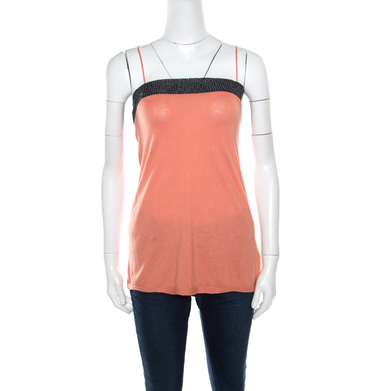 Image of Emporio Armani Coral Knit Beaded Yoke Detail Sleeveless Top S