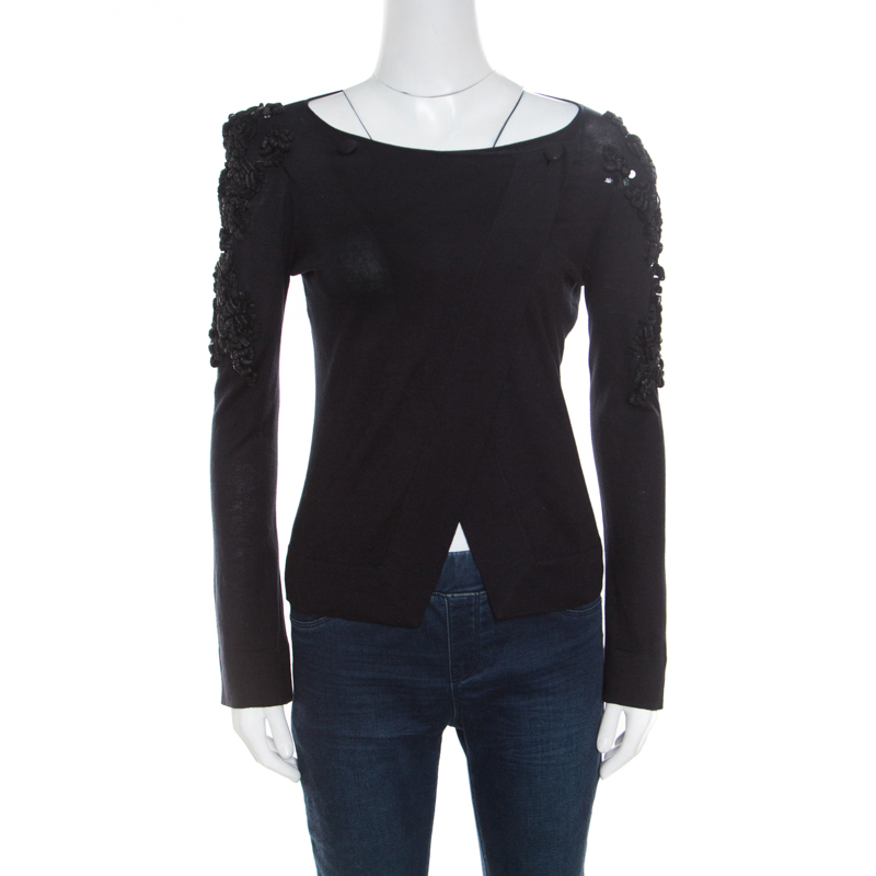 Image of Emporio Armani Black Embellished Sleeve Cardigan S