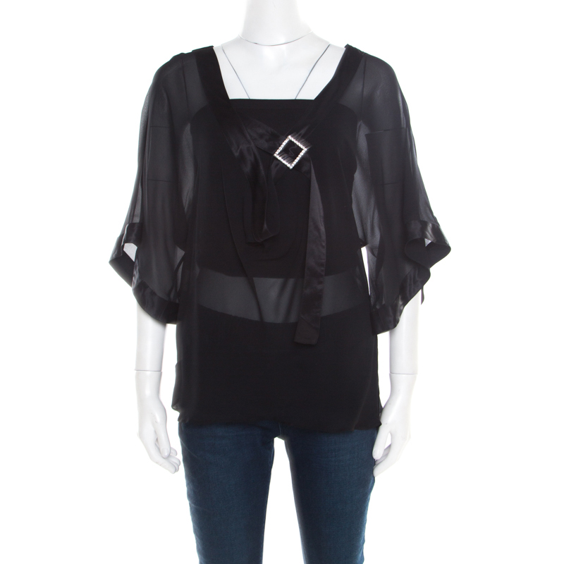 

Emporio Armani Black Sheer Silk Embellished Satin Trim Blouse