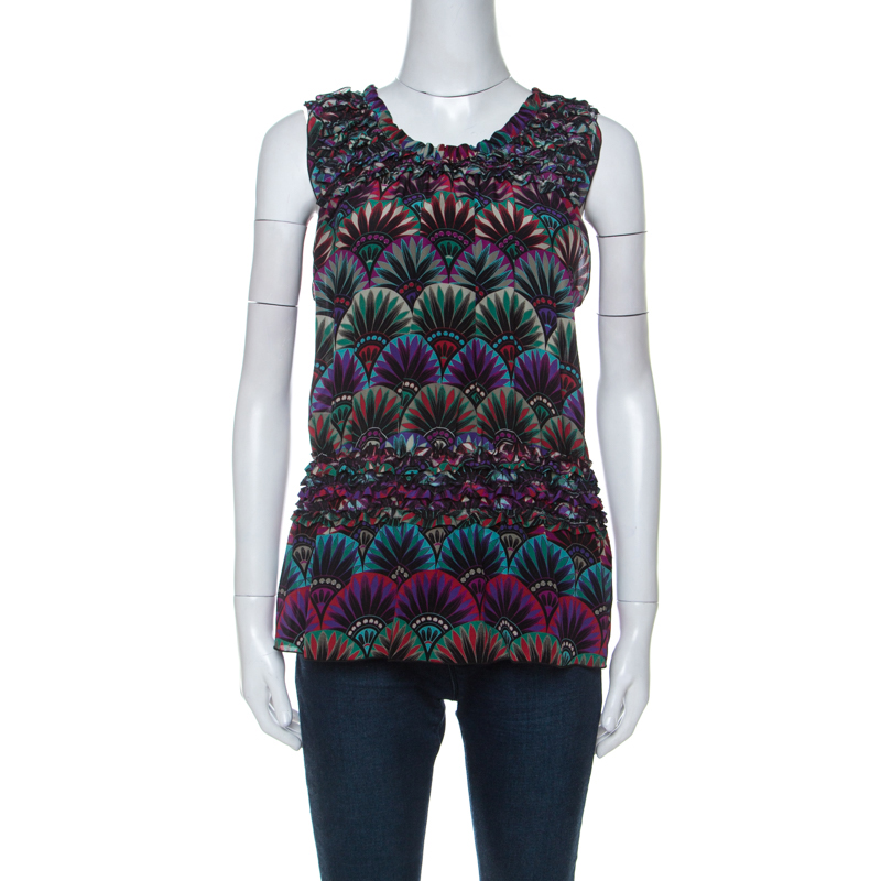 Image of Emporio Armani Multicolor Floral Print Silk Elasticized Ruffle Detail Sleeveless Top S