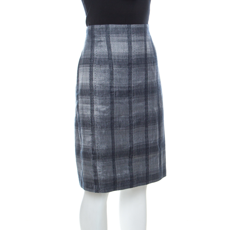 

Emporio Armani Navy Blue and Grey Checkered Jacquard Pencil Skirt