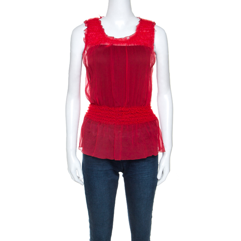 Image of Emporio Armani Red Chiffon Elasticized Ruffle Sheer Sleeveless Top S