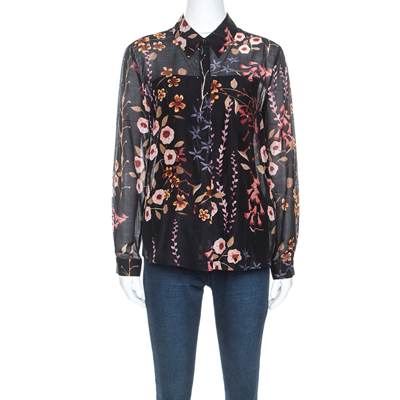 Image of Emporio Armani Black Floral Print Sheer Cotton and Silk Button Front Shirt M