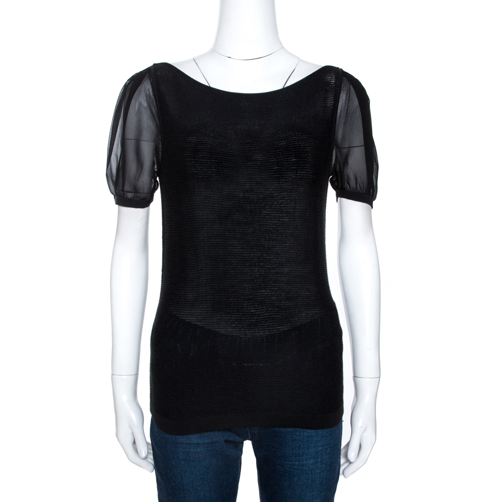 Image of Emporio Armani Black Rib Knit Short Sleeve Top M