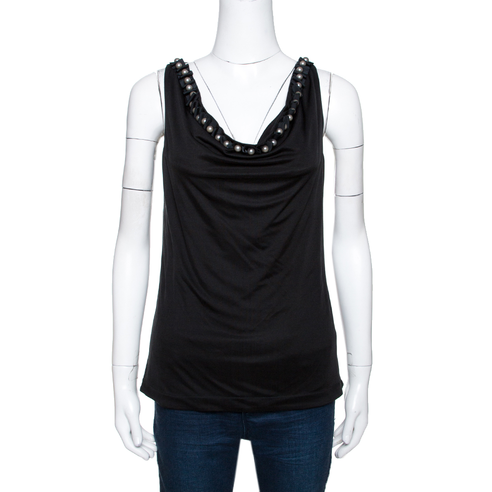 Image of Emporio Armani Black Silk Bead Embellished Sleeveless Top S