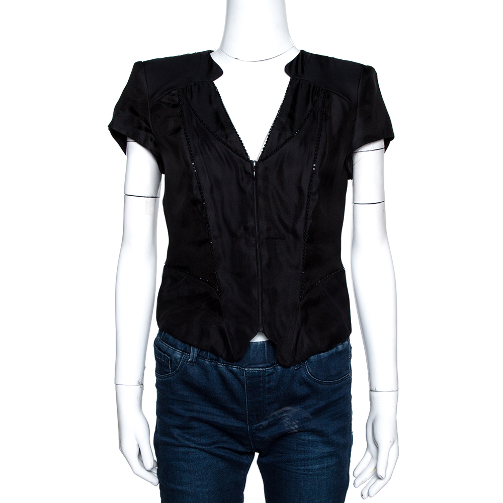Image of Emporio Armani Black Embellished Silk Blend Zip Front Top S