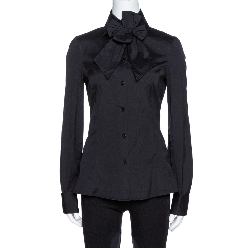 Image of Emporio Armani Black Stretch Cotton Bow Detail Shirt M