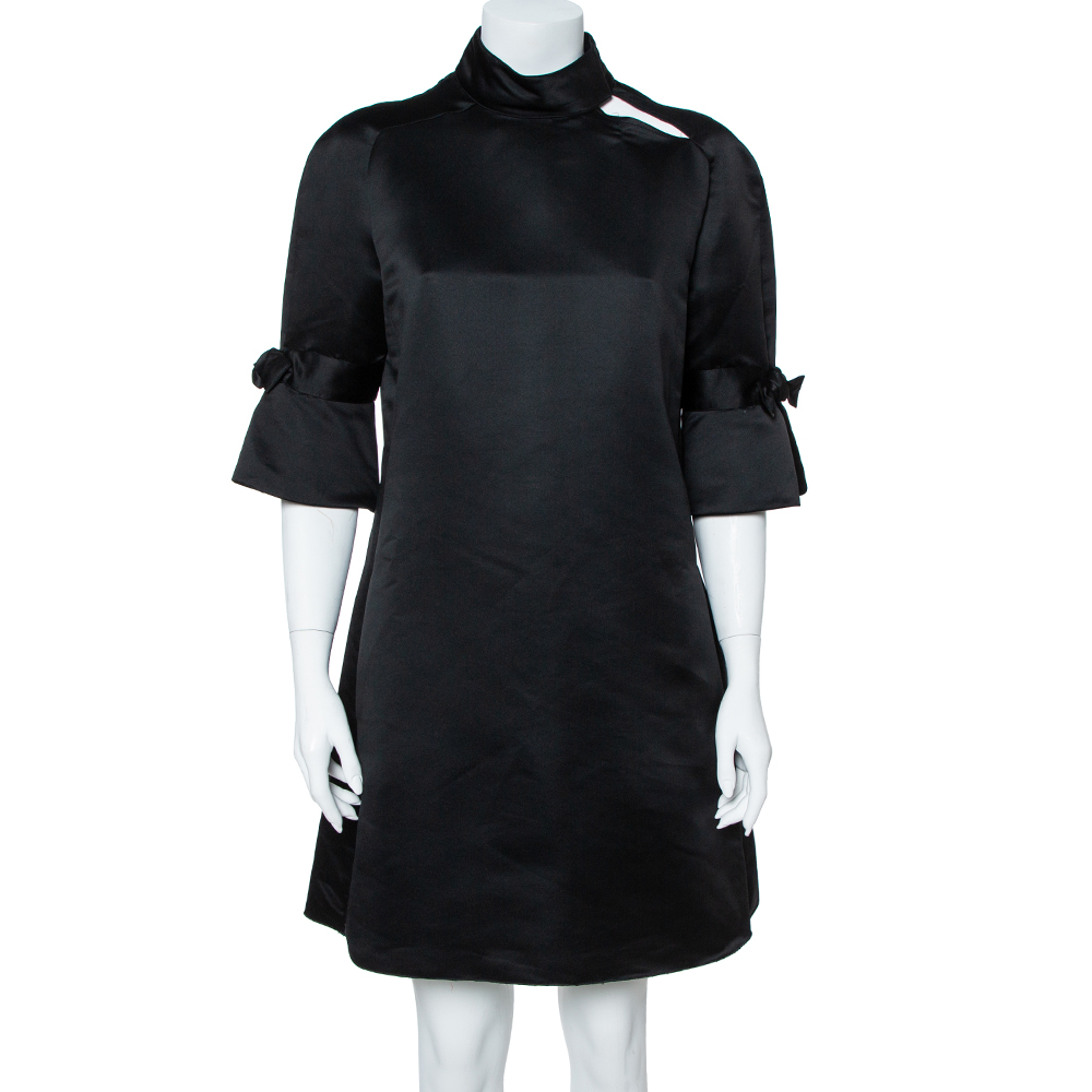 Image of Emporio Armani Black Silk Blend Mock Neck Bow Sleeve Detail Midi Dress L