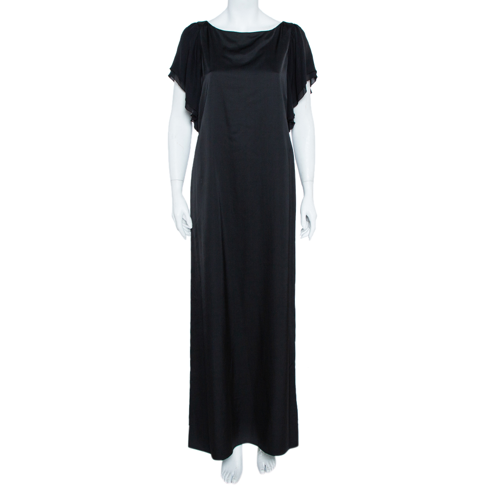 Image of Emporio Armani Black Sateen Flutter Sleeve Maxi Dress M