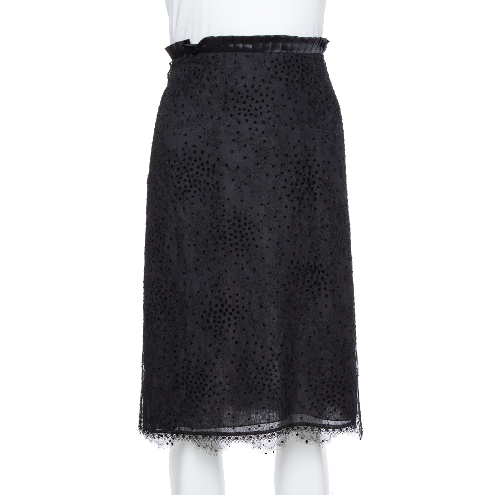 Emporio armani black pleated waist detail & floral lace short skirt m