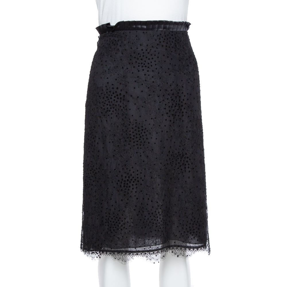 Emporio Armani Black Pleated Waist Detail & Floral Lace Short Skirt M