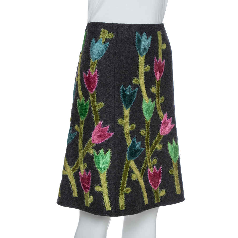 Emporio Armani Grey Wool Floral Appliqued A-Line Skirt M