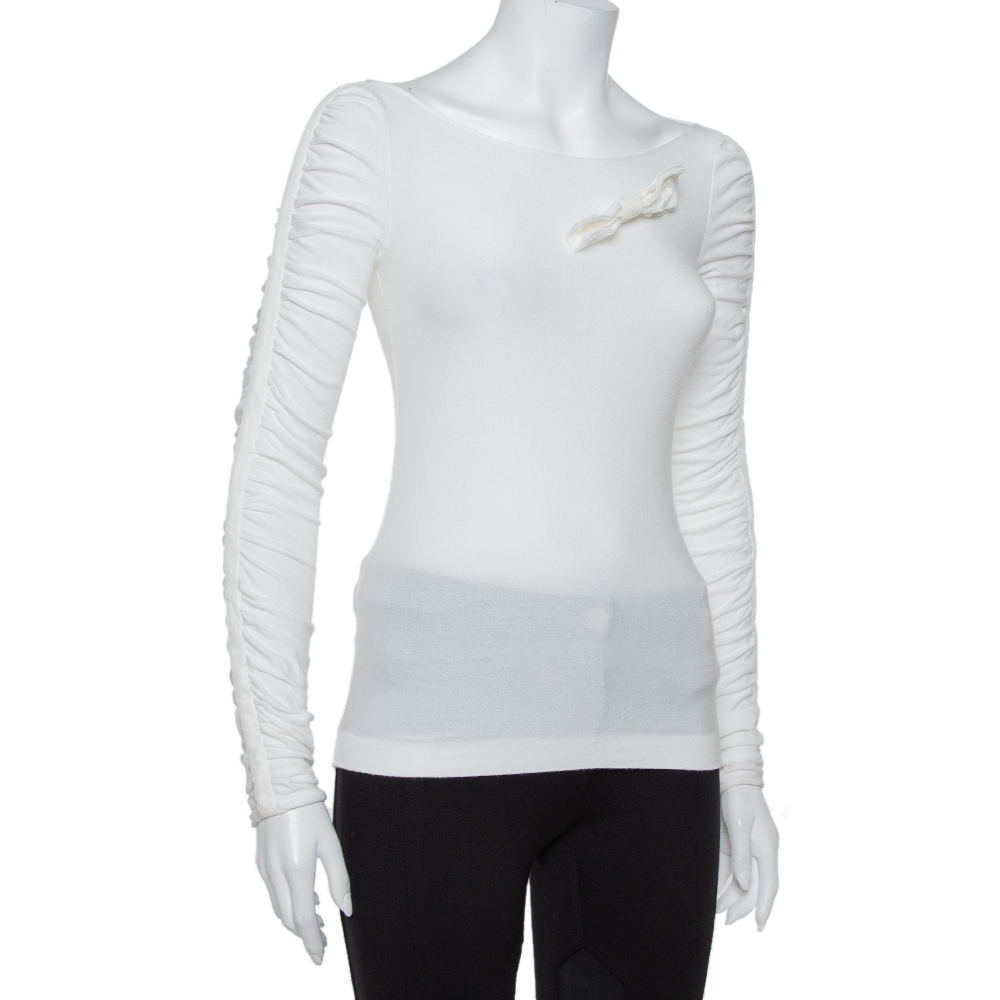 

Emporio Armani White Knit Bow Detail Ruched Sleeve Top