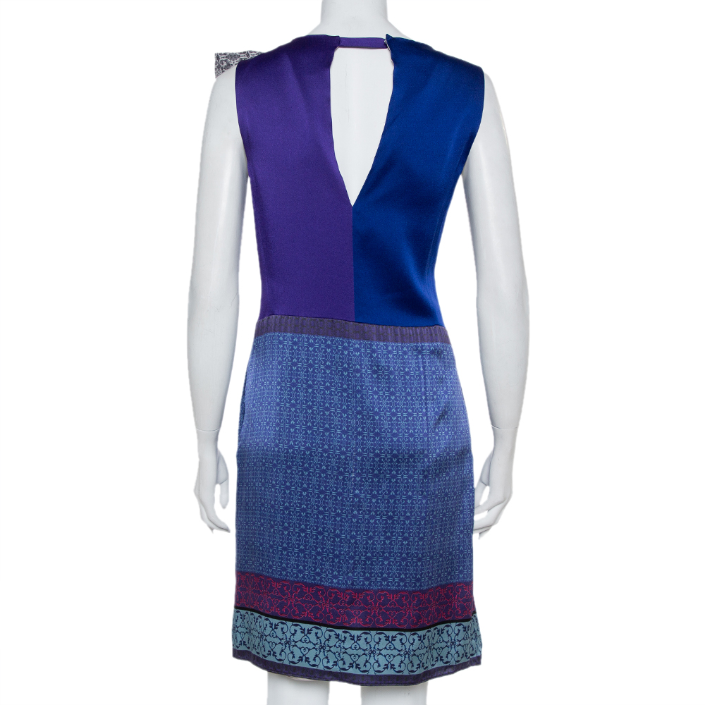 Emporio Armani Blue Printed Silk Draped Neck Detail Shift Dress M