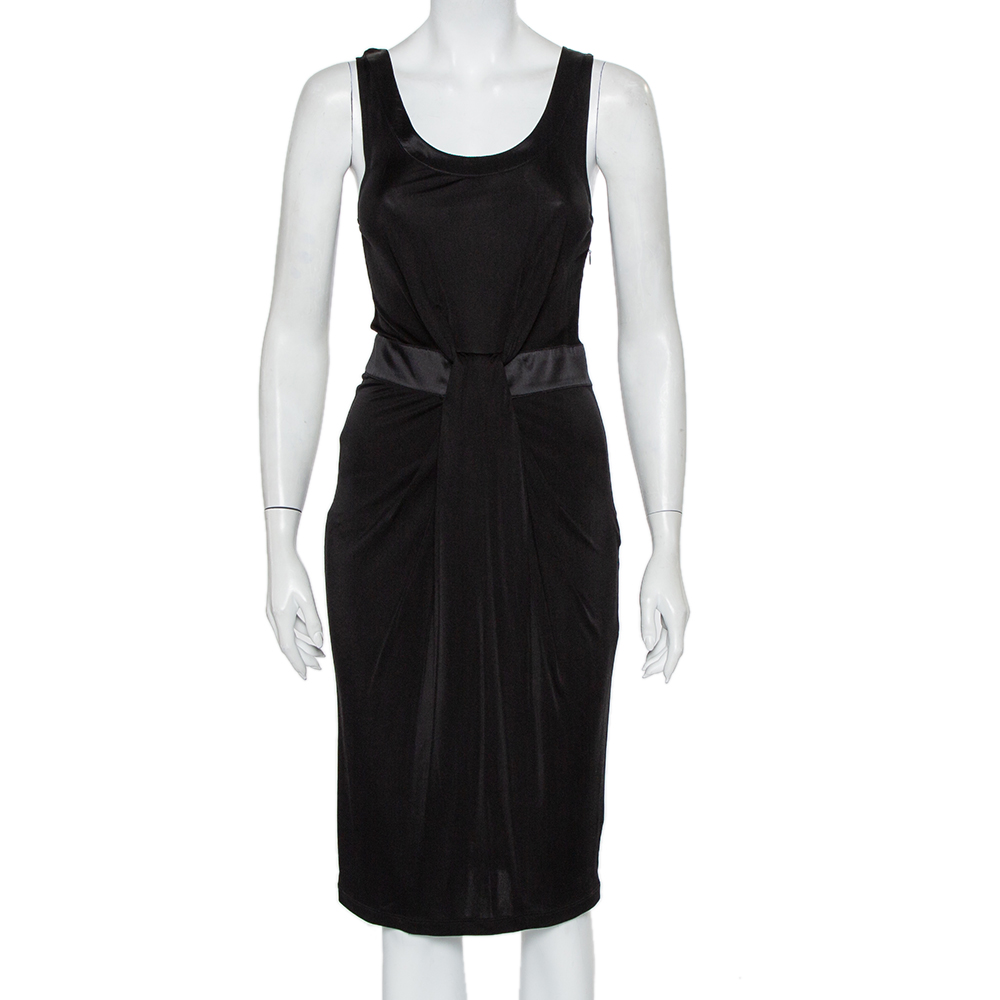 Emporio Armani Black Knit Contrast Trim Draped Detail Sleeveless Midi Dress S