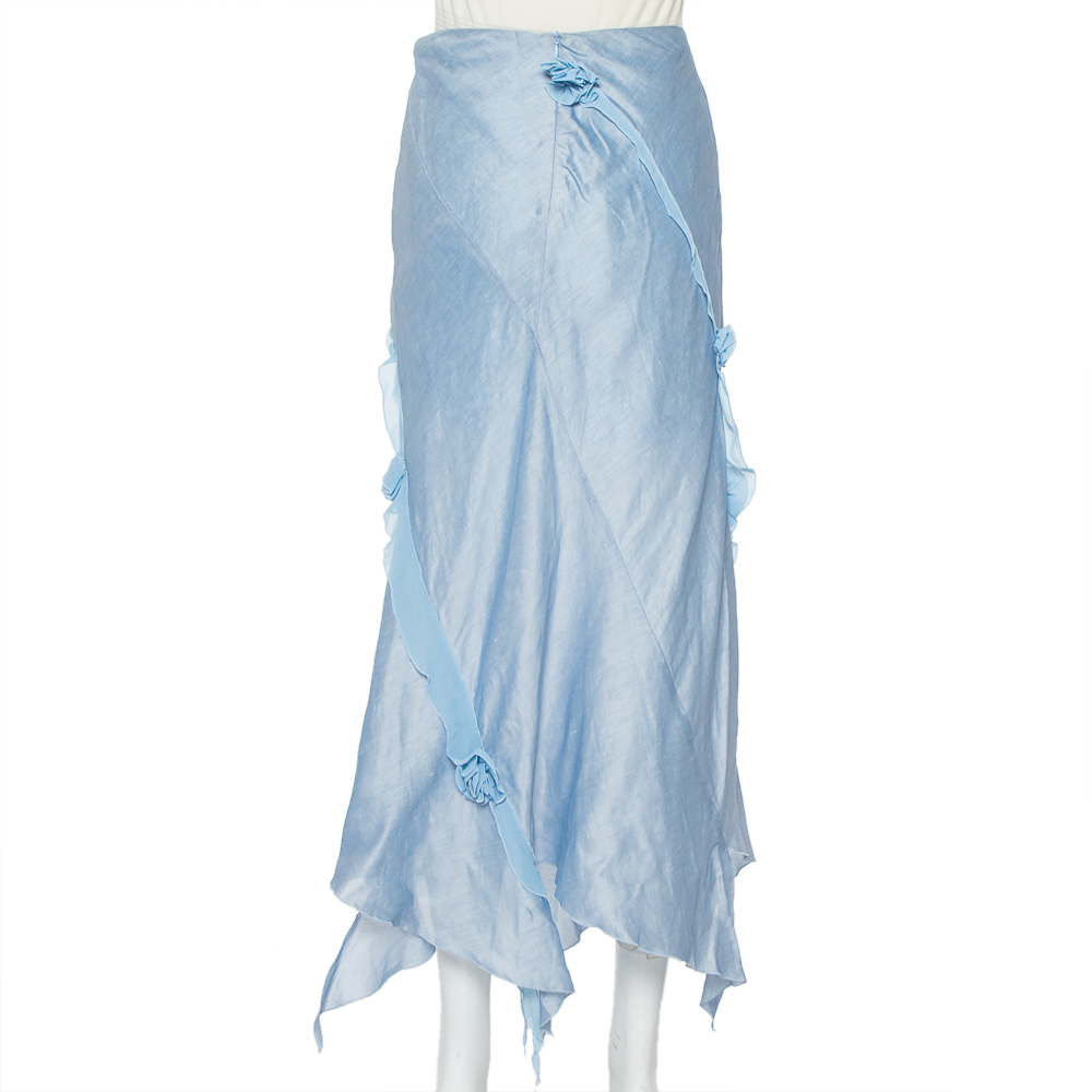 Emporio Armani Blue Linen & Silk Floral Applique Trim Detail Midi Skirt M