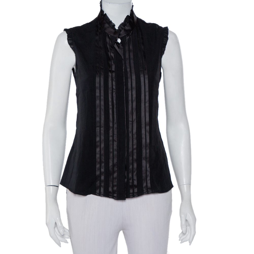 Emporio Armani Black Silk Pintuck Detail Button Front Shirt M