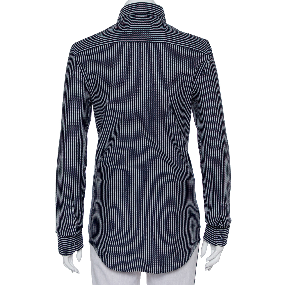 Emporio Armani Navy Blue Striped Cotton Knit Button Front Shirt S