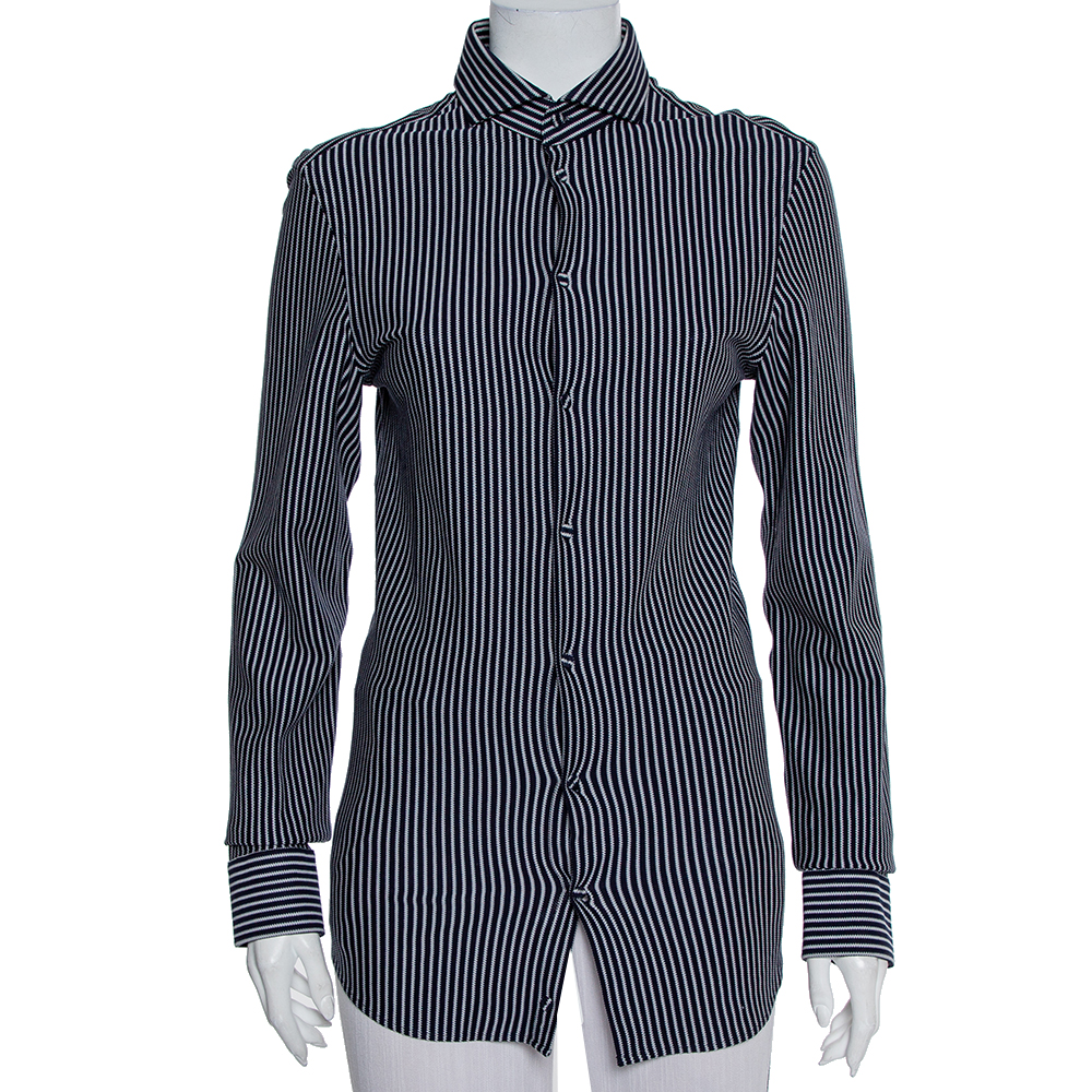 Emporio Armani Navy Blue Striped Cotton Knit Button Front Shirt S