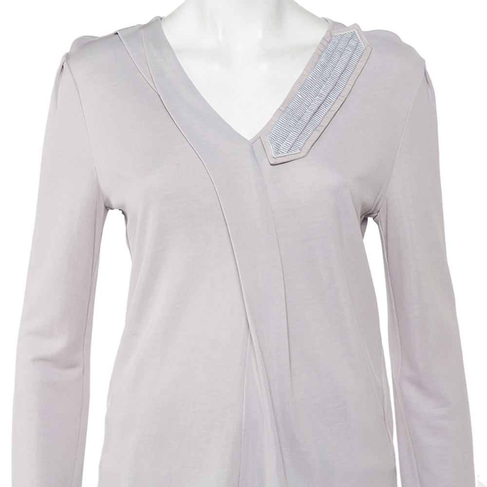 Emporio Armani Grey Knit Draped Detail Long Sleeve Top L