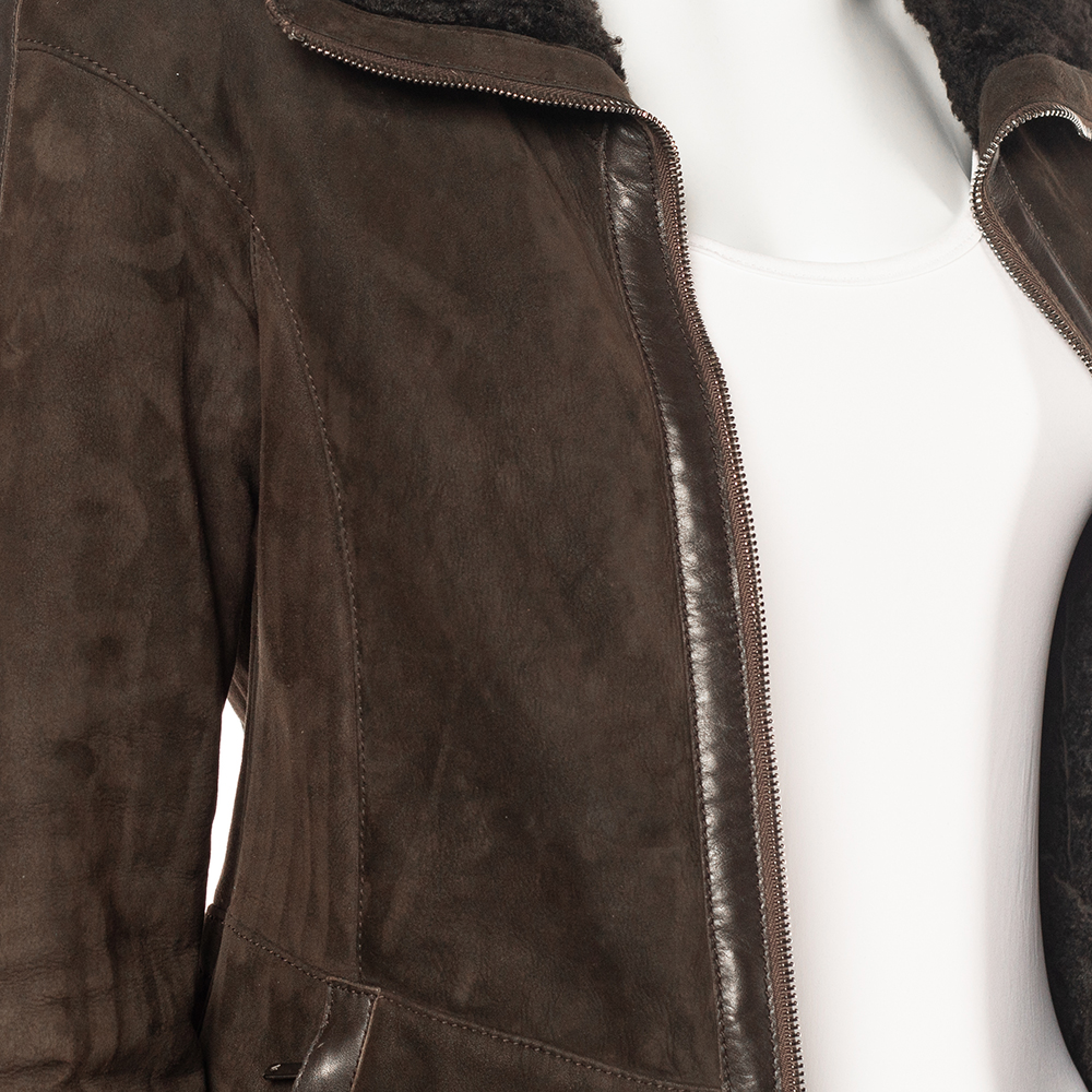 Emporio Armani Brown Fur Collar Detail Zip Front Jacket M