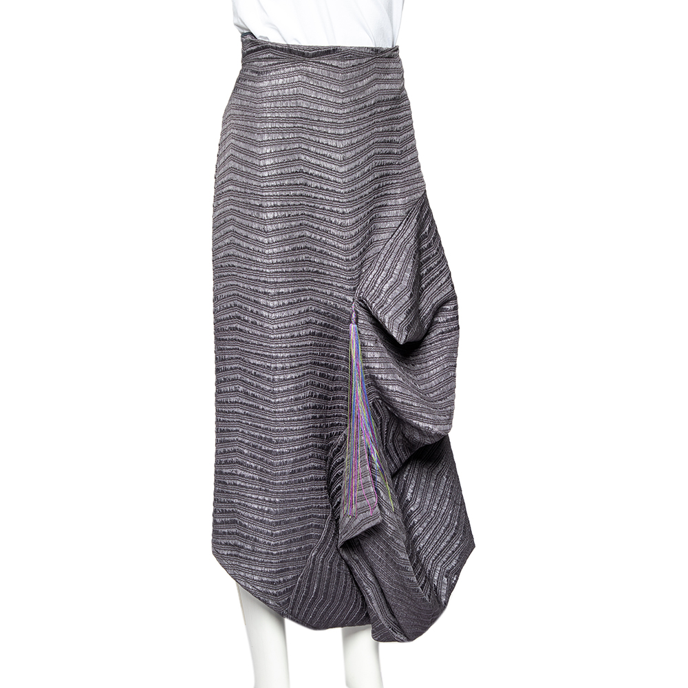 Emporio Armani Grey Textured Synthetic Tassel Trim Draped Midi Skirt M