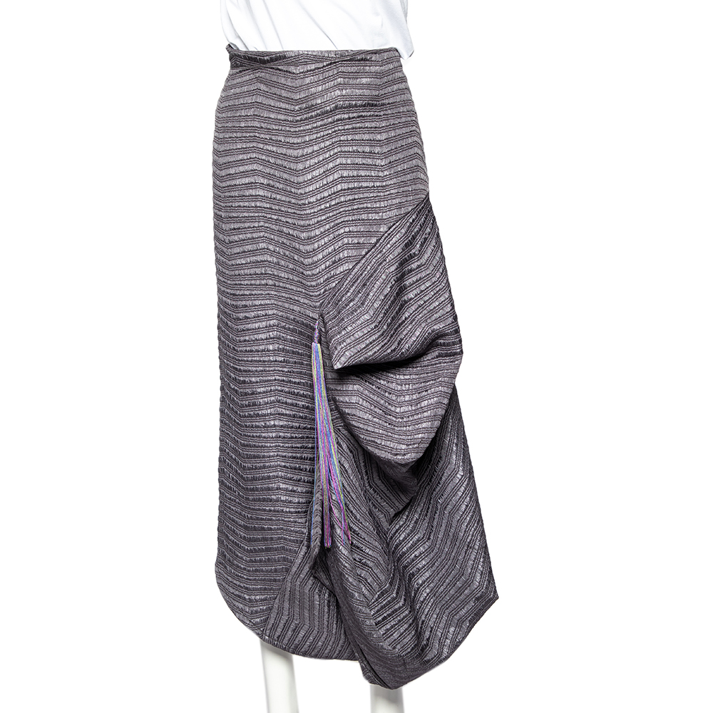 Emporio armani grey textured synthetic tassel trim draped midi skirt m