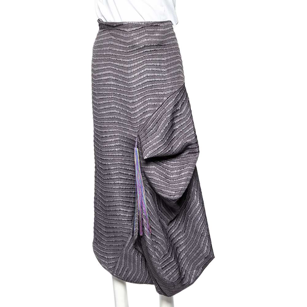 Emporio Armani Grey Textured Synthetic Tassel Trim Draped Midi Skirt M