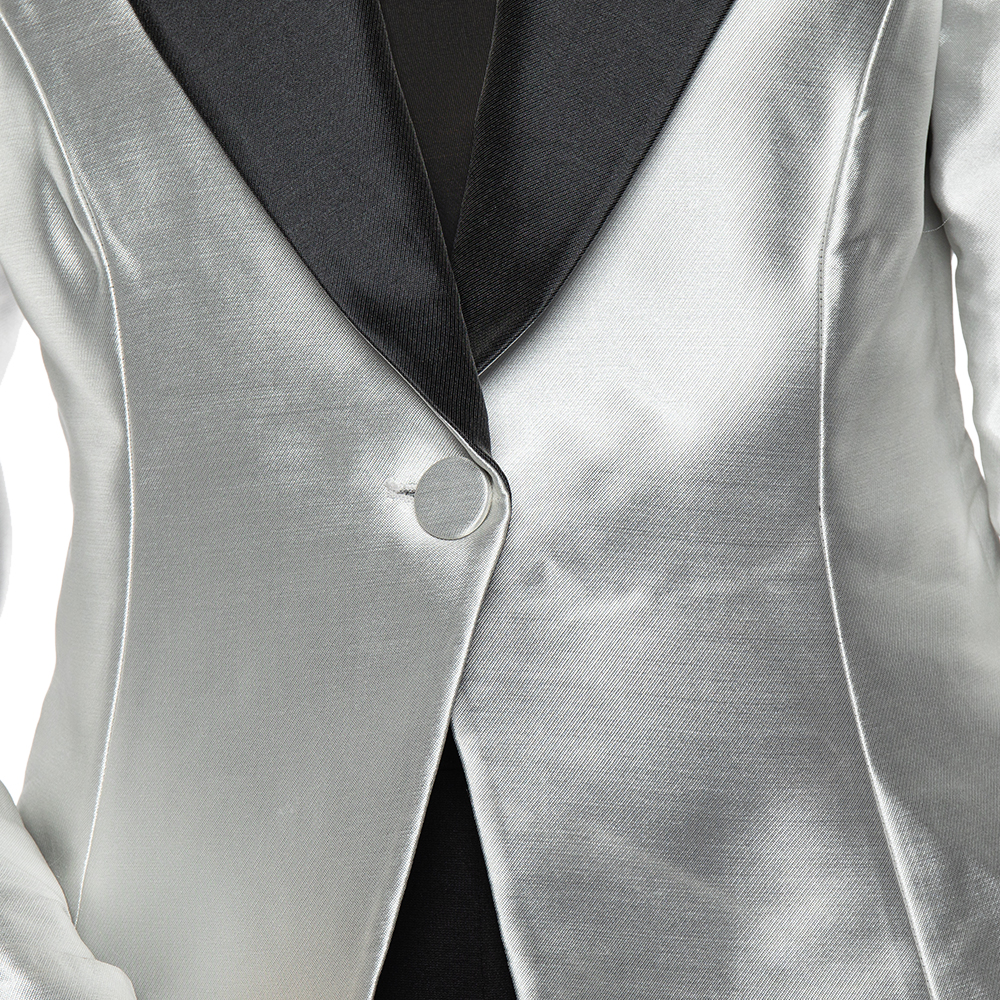 Emporio Armani Metallic Silver Synthetic Contrast Detail Cropped Blazer L