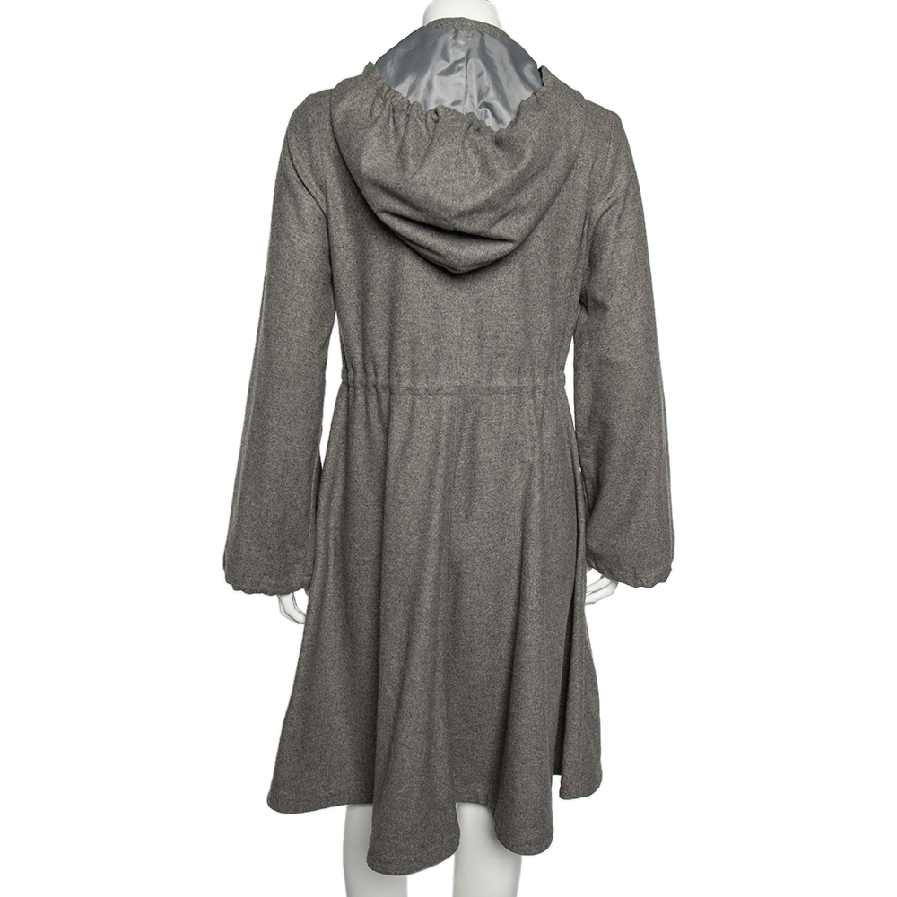 Emporio Armani Grey Wool And Cashmere Ruffled Neck Hooded Coat S