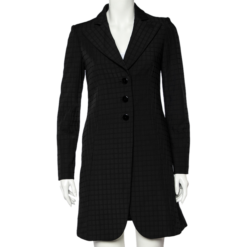 Emporio armani black square patterned synthetic button front blazer coat s