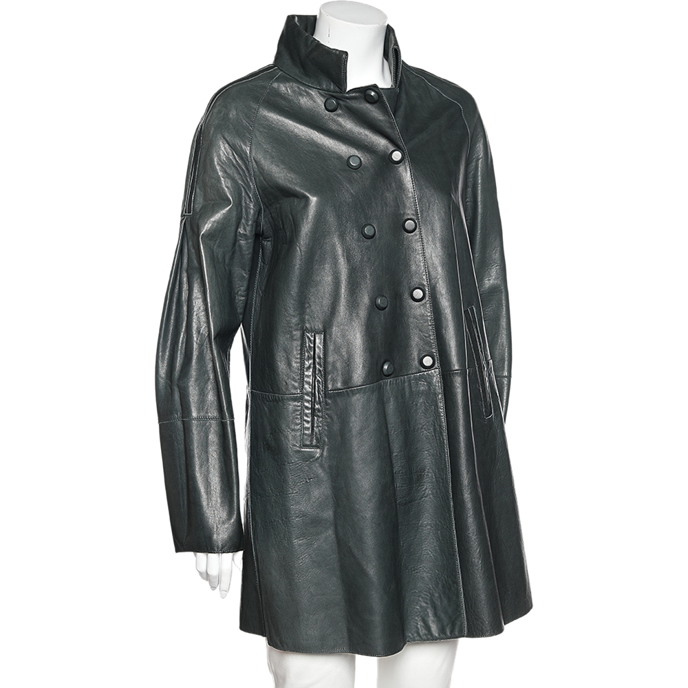 Emporio Armani Dark Green Leather Button Front Mid Length Coat M