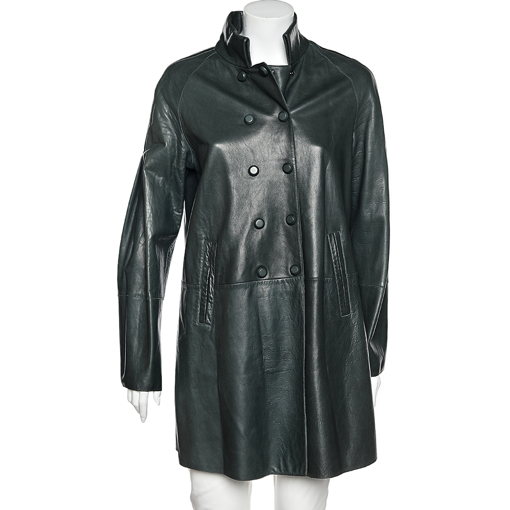 Emporio armani dark green leather button front mid length coat m