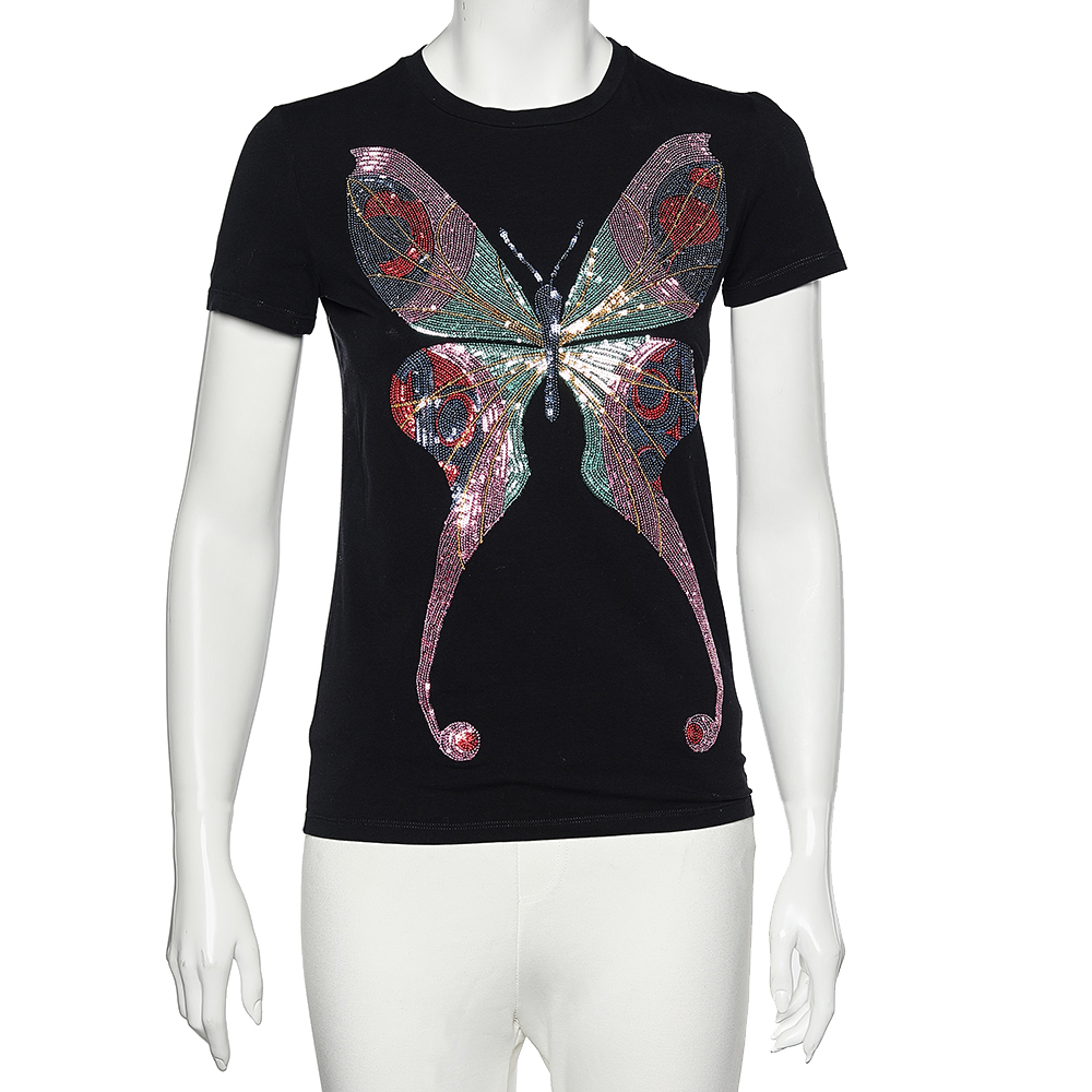 Emporio Armani Black Butterfly Print Cotton Sequins Top M